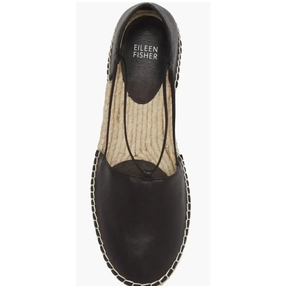 Eileen Fisher Lee Espadrille Flats in Black Leather NWOB Size 6